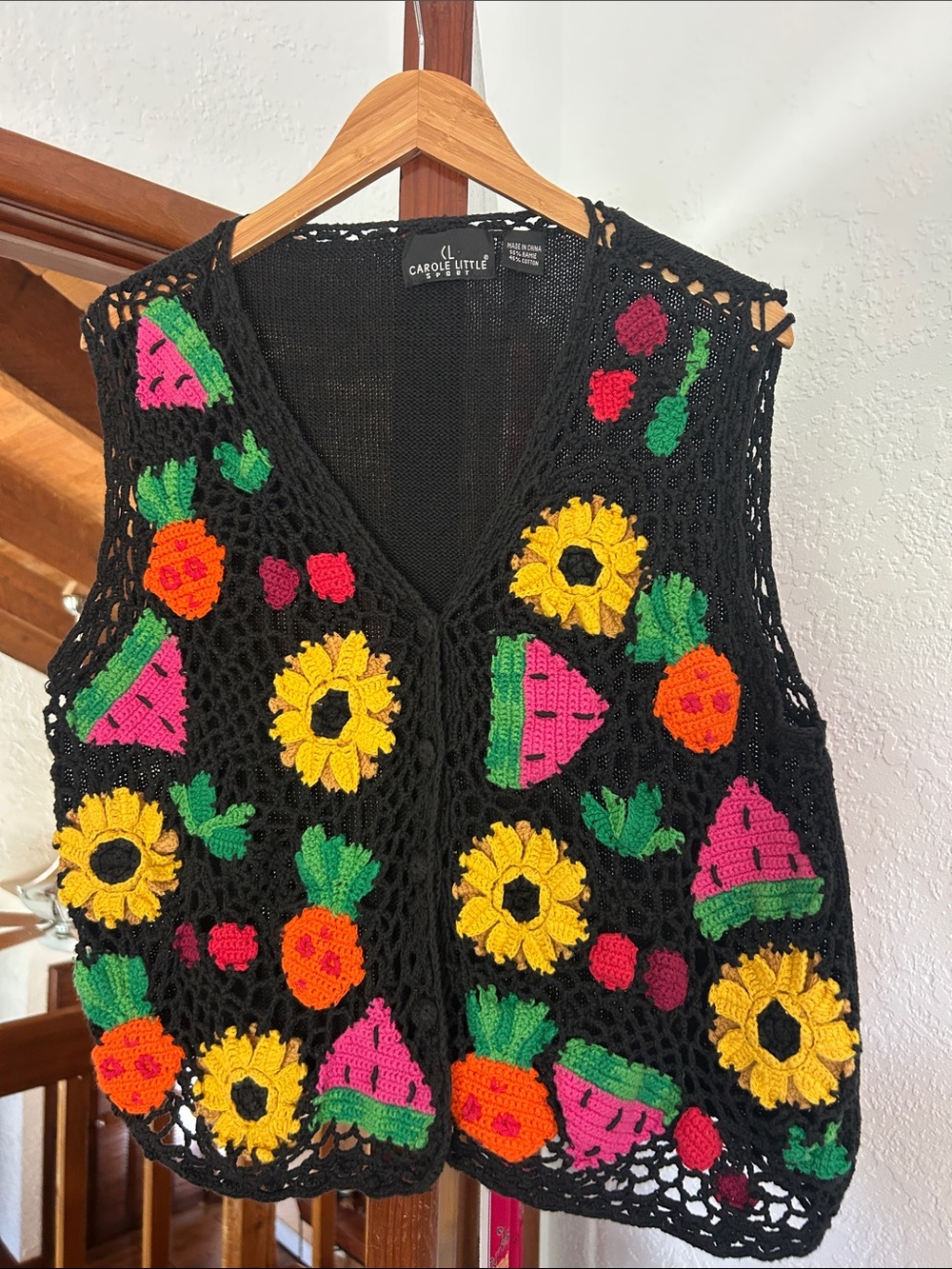 Vintage Carol Little Sport Black crochet Vest w/ flowers & fruit all over front - Picture 2 of 10